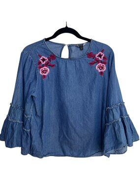 Express Chambray Blouse Women's M Blue Embroidered Floral Bell Sleeve Top Boho